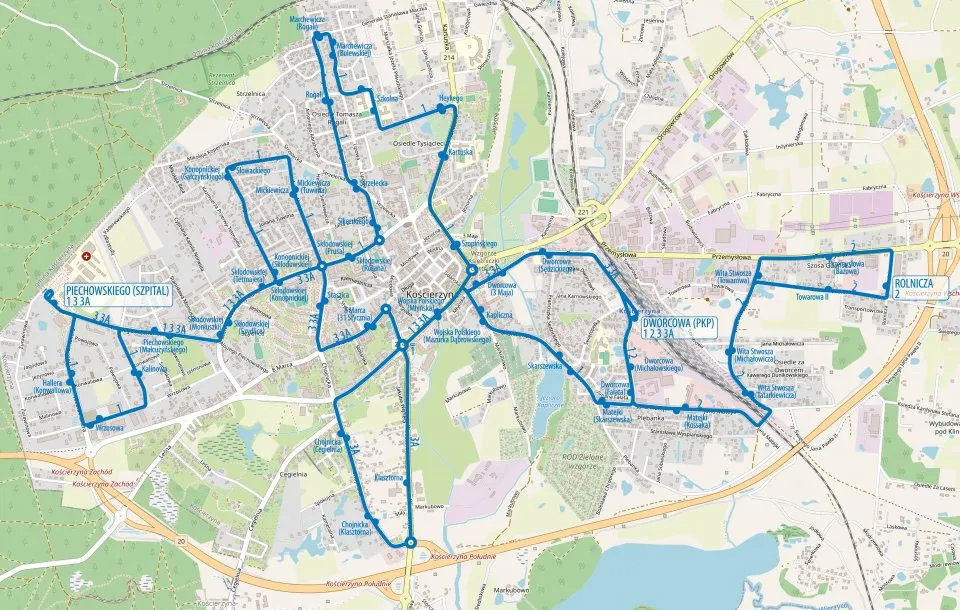Mapa linii autobusowych Kościerzyna 2026