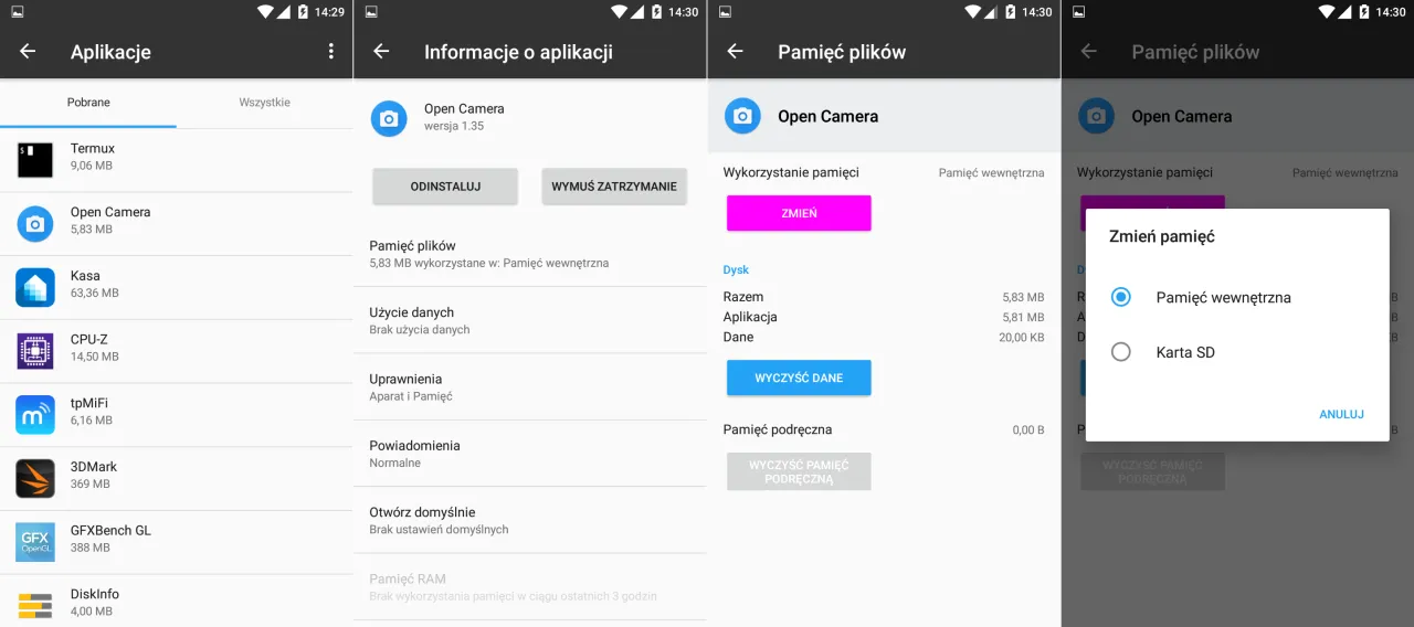 Ekran telefonu pokazuje, jak przenieść aplikacje na kartę pamięci. Wybierasz 