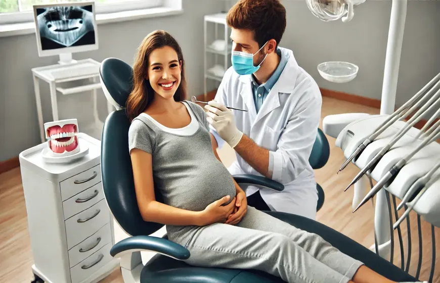 kobieta w ciąży z fartuchem ołowianym u dentysty RTG