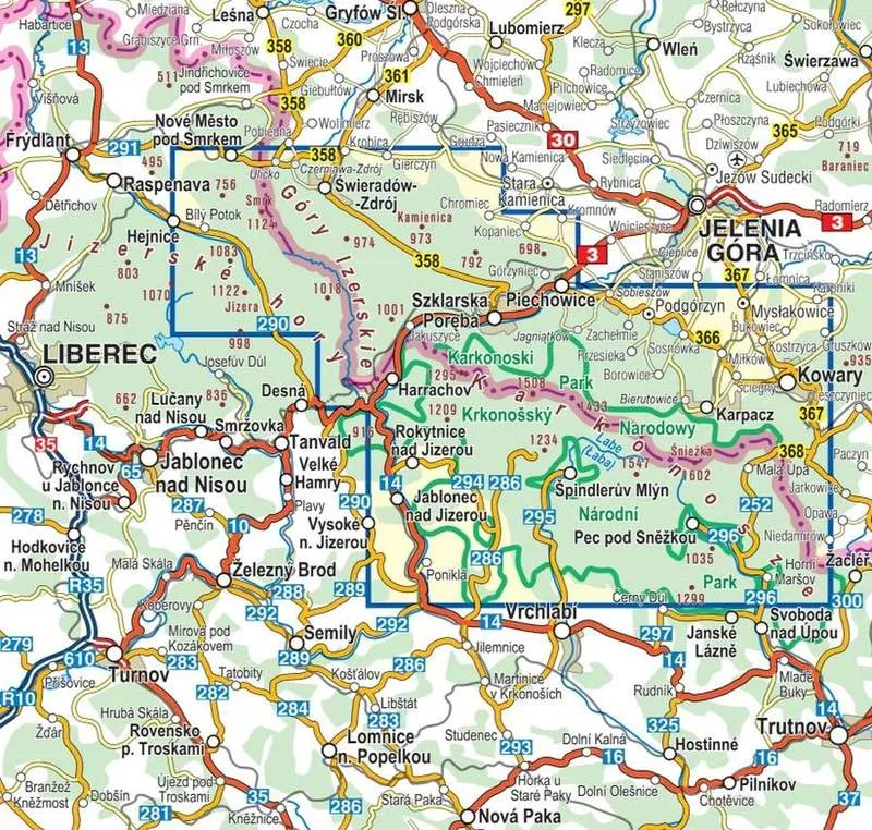 Mapa G&oacute;r Izerskich z zaznaczonymi miejscowościami i granicą