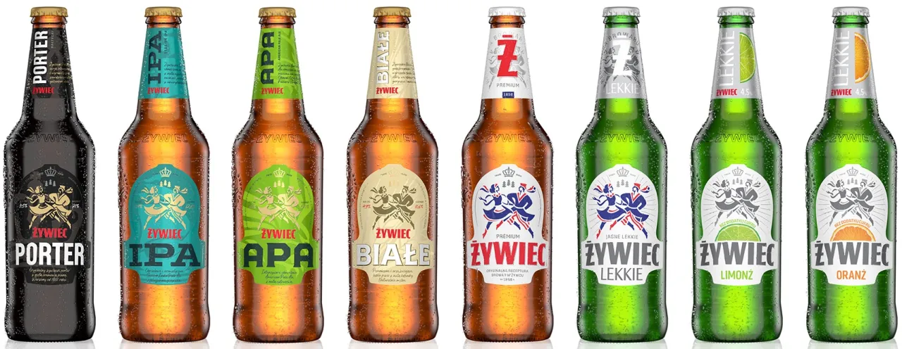 rodzina piw Żywiec r&oacute;żne warianty butelki puszki