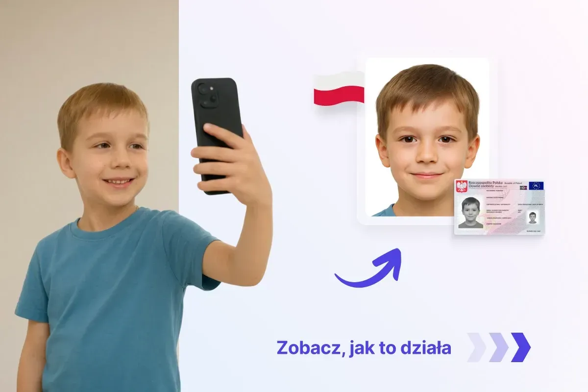 Chłopiec robi selfie, obok zdjęcie do dowodu osobistego. Sprawdź, ile czeka się na dowód osobisty dla dziecka.