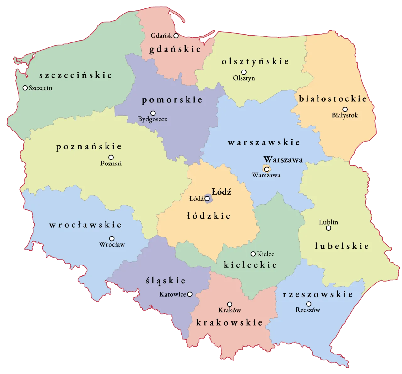 Mapa Polski z zaznaczonym Szczecinem i województwem zachodniopomorskim