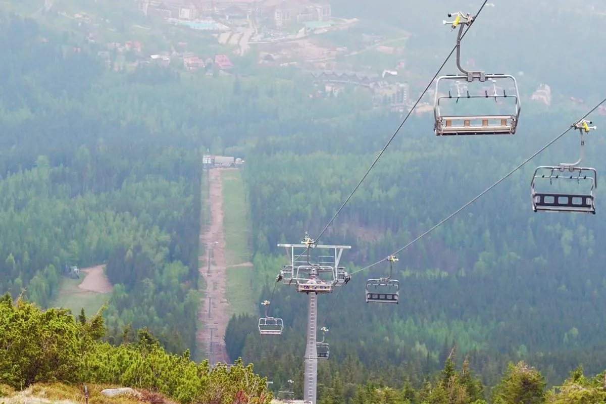 Kolejka linowa Zbyszek na Kopę i widok na Śnieżkę