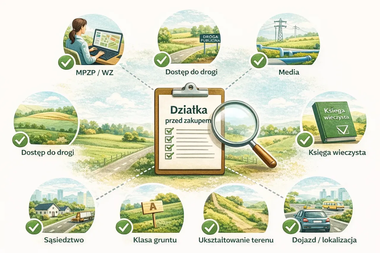 Działka inwestycyjna co to znaczy? Sprawdź dostęp do drogi, media, księgę wieczystą, sąsiedztwo, klasę gruntu i ukształtowanie terenu.