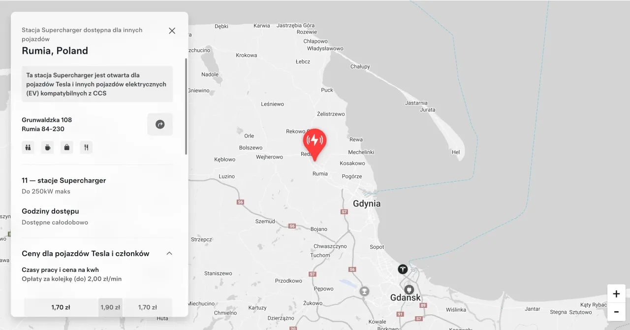 Cennik publicznych stacji ładowania Tesla Polska