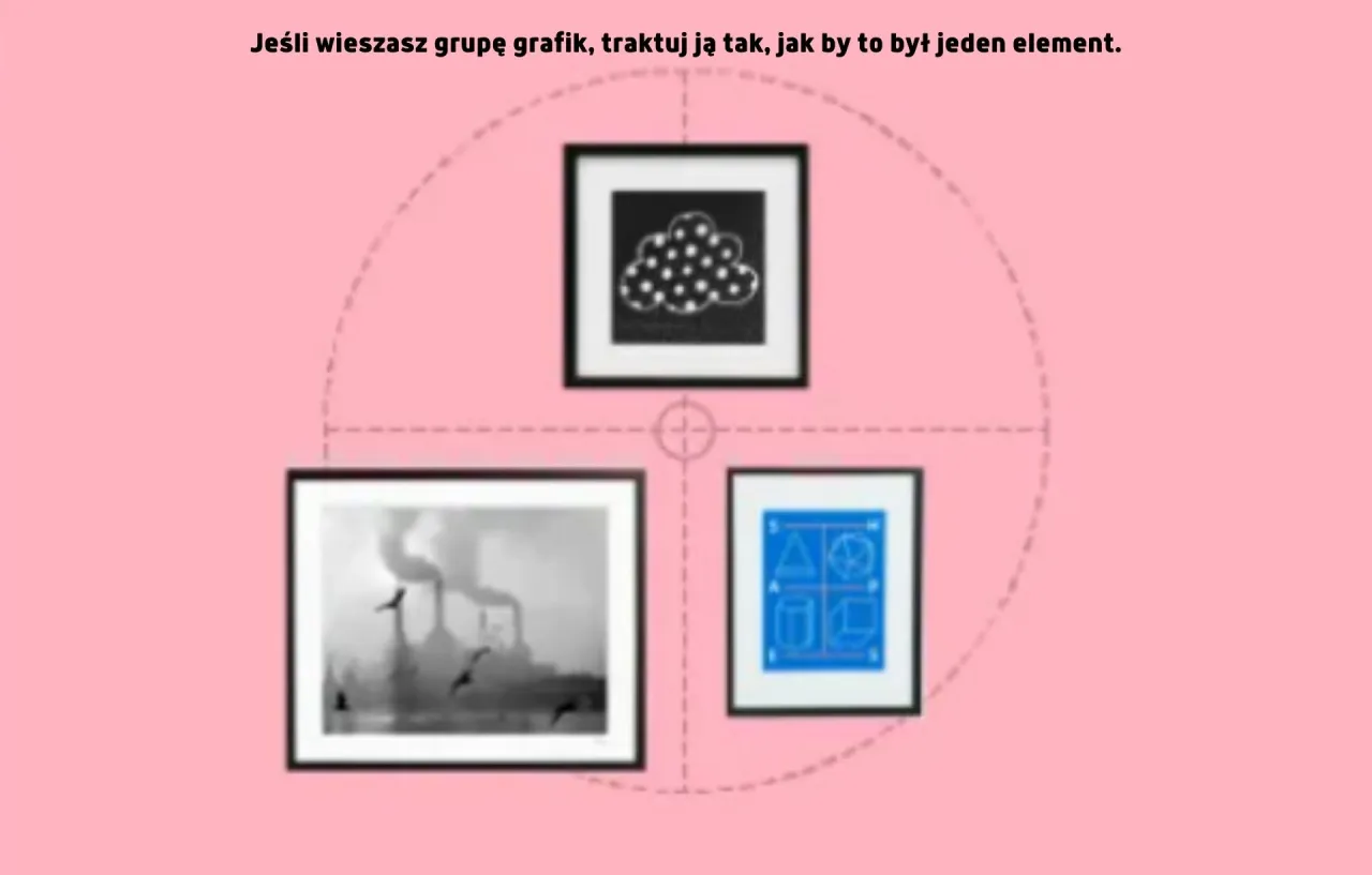 zasady wieszania obrazów nad kanapą infografika