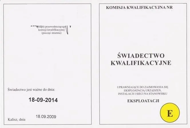 Wzór świadectwa kwalifikacyjnego elektryka