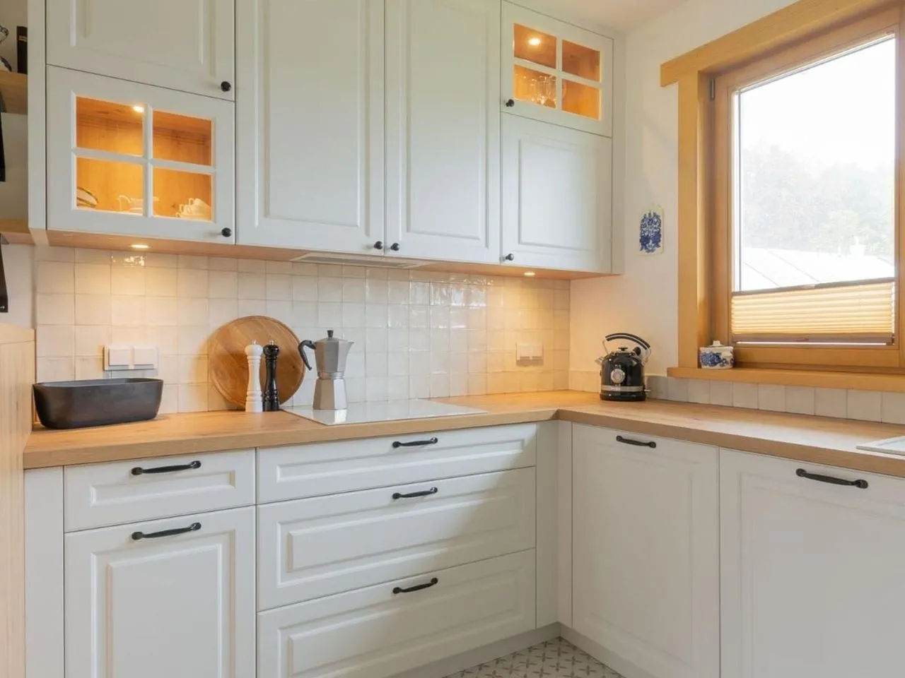 Biała kuchnia z różnymi blatami inspiracje