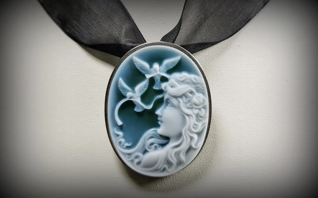 Kamea z profilem kobiety i ptakami, zawieszona na czarnej wstążce. To piękny przykład sztuki kamei.