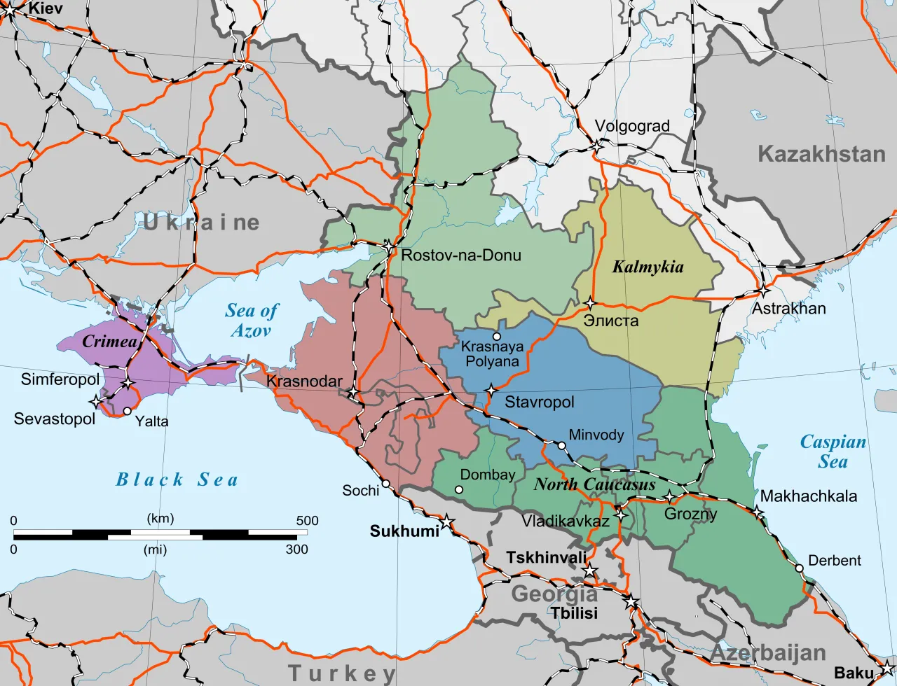 Mapa Kaukazu z zaznaczeniem krajów i mórz