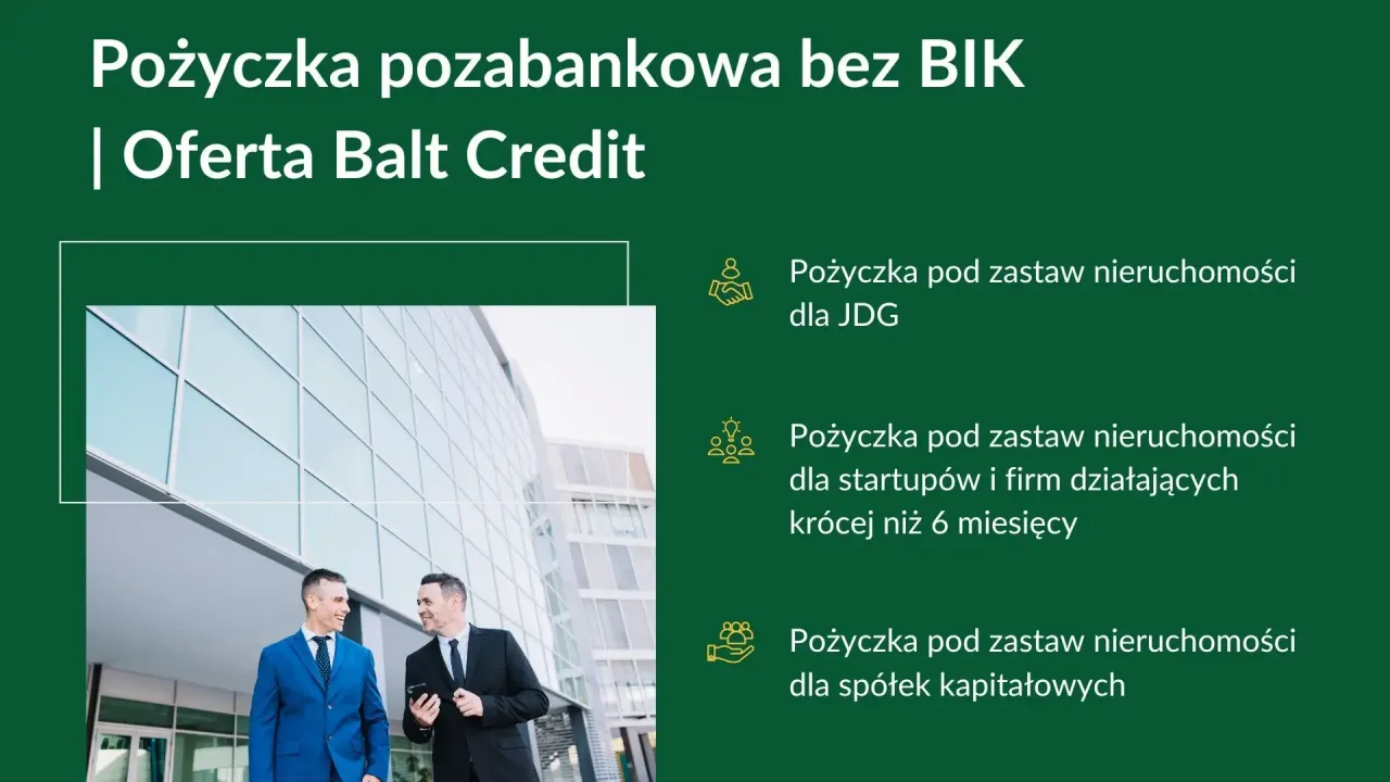 Pożyczka pozabankowa bez BIK od Balt Credit. Dwie osoby w garniturach rozmawiają przed nowoczesnym budynkiem.