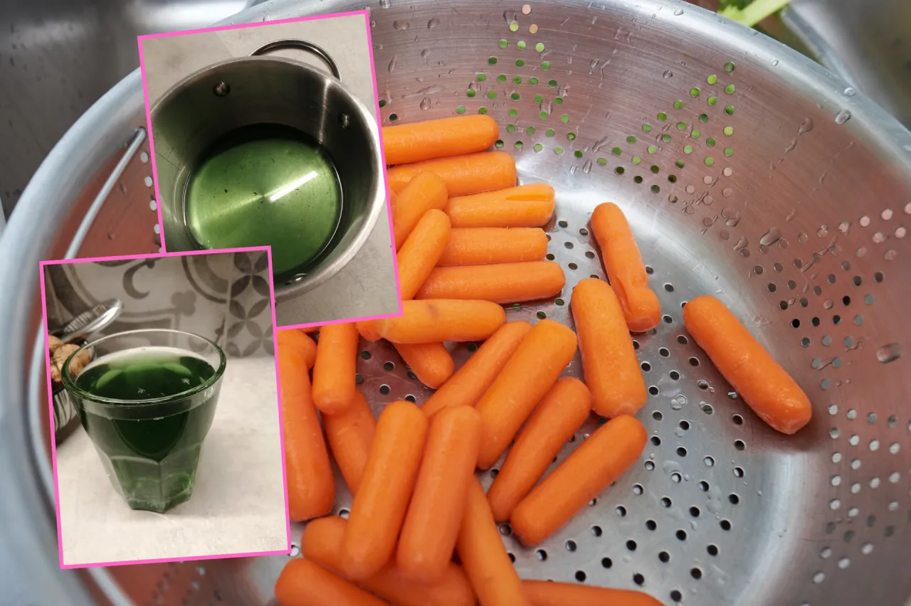Mini marchewki w durszlaku, obok zielony nap&oacute;j. Jak zrobić mini marchewki mrożone?
