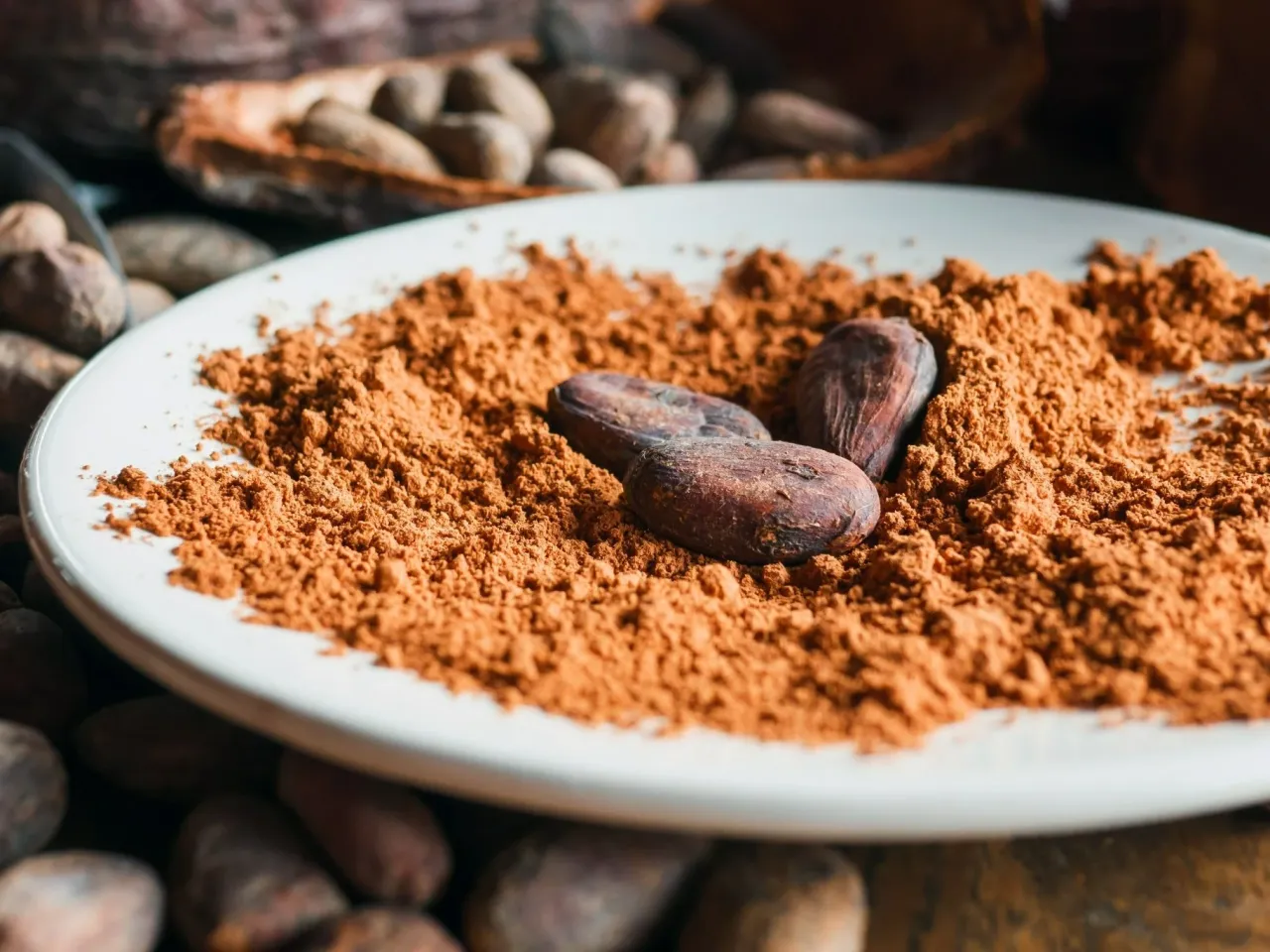 Surowe ziarna kakao i proszek