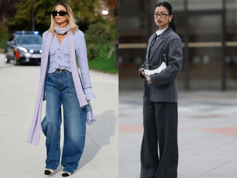 Stylizacje z szerokimi spodniami i podkreśloną talią