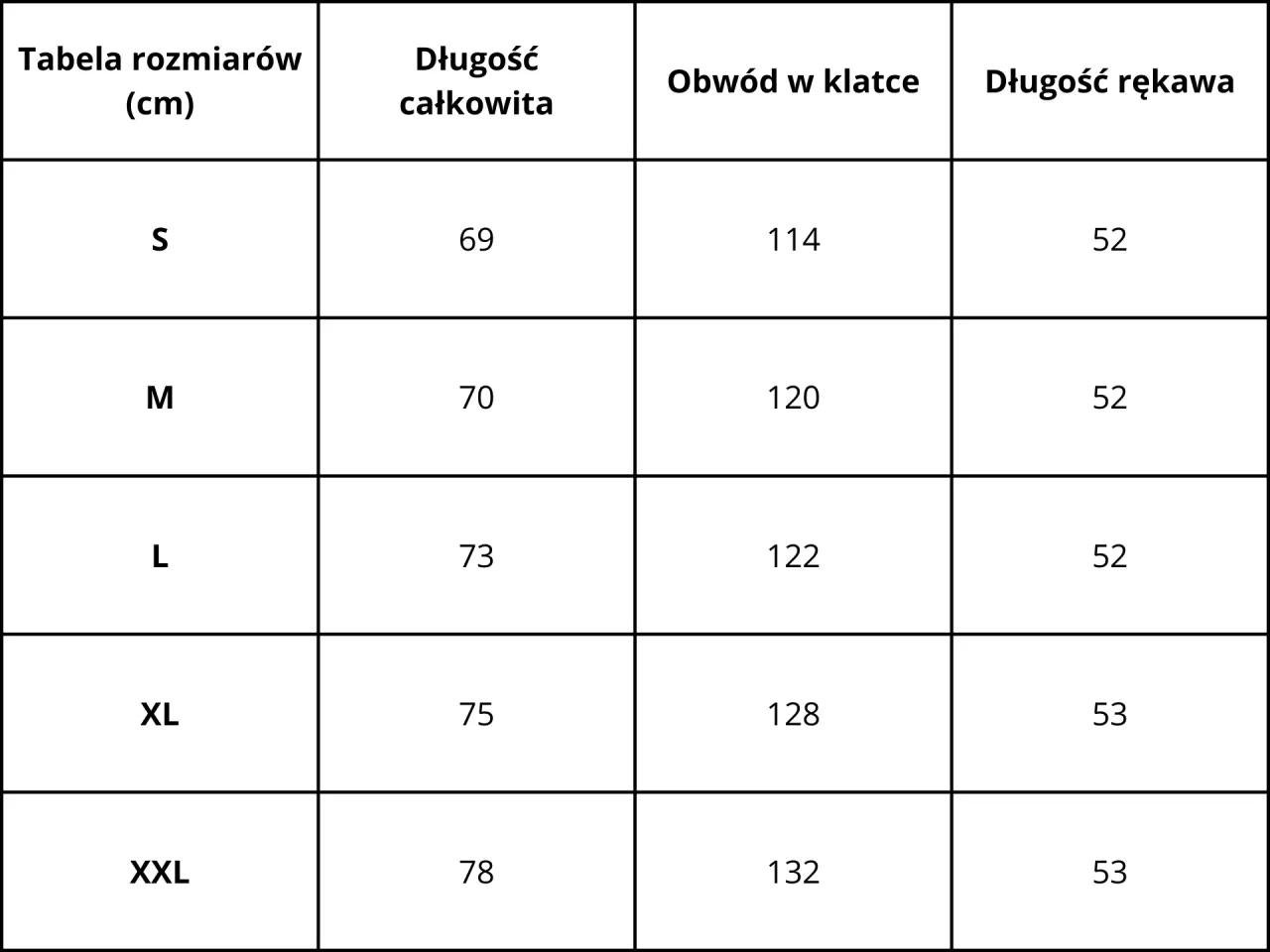 przykładowa tabela rozmiarów bluzy męskiej