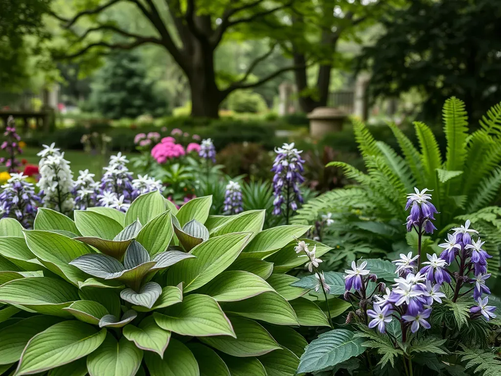 Ogród leśny w cieniu, paprocie funkie rododendrony