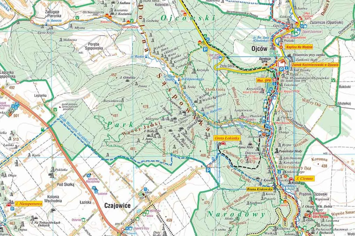 Mapa szlaków turystycznych Ojcowski Park Narodowy