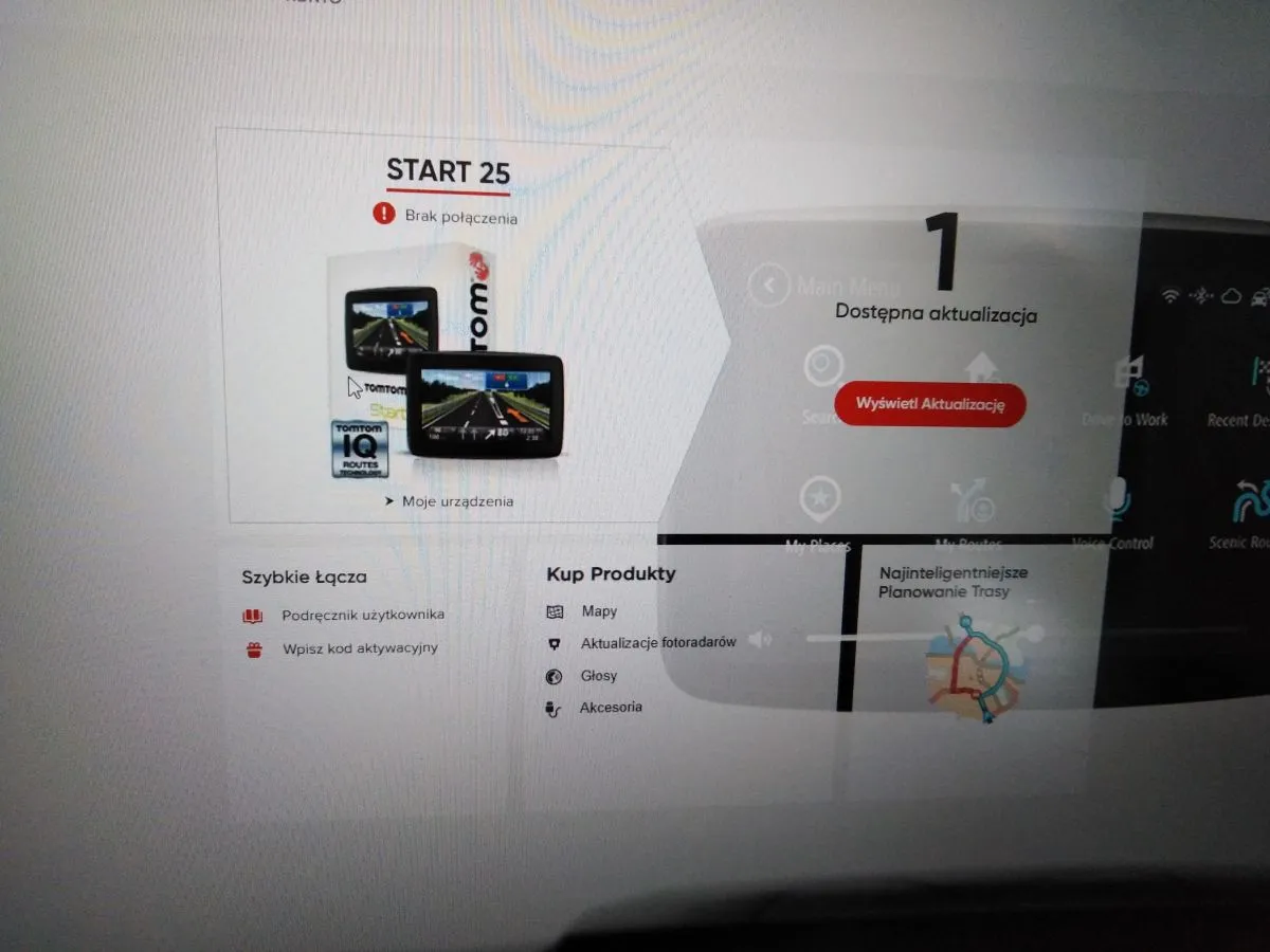 Ekran komputera pokazuje, jak zaktualizować nawigację TomTom START 25. Widoczny jest przycisk 
