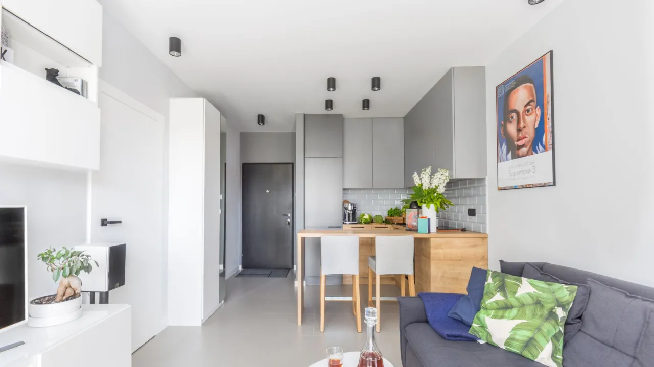 dyskretny aneks kuchenny mały salon