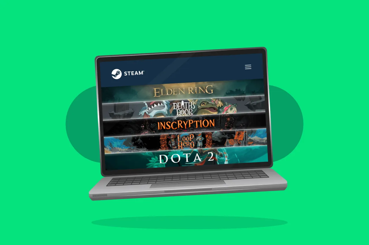 Laptop z grami Steam: Elden Ring, Death's Door, Inscryption, Loop Hero, Dota 2. Czy za Steam trzeba płacić? Nie, platforma jest darmowa, płacisz tylko za gry.