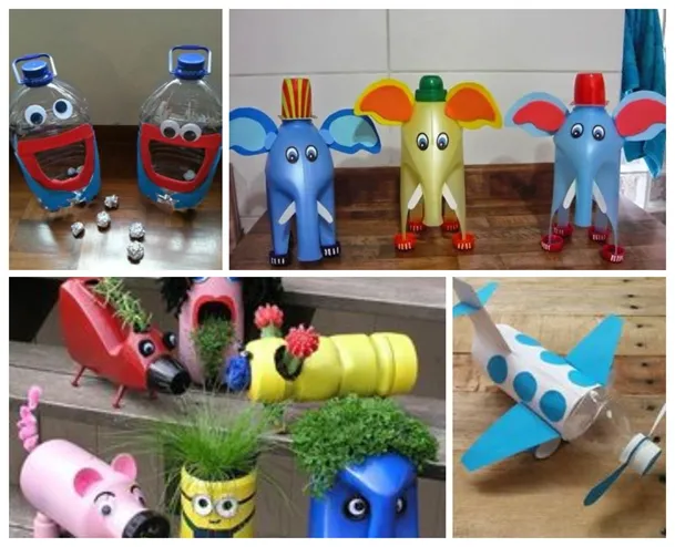 kolorowe roboty zrobione z plastikowych butelek