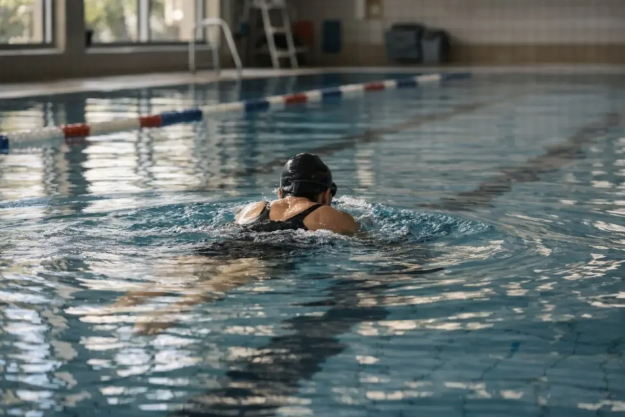 Kobieta pływa żabką w basenie. Czy pływanie żabką odchudza? To świetny trening całego ciała.