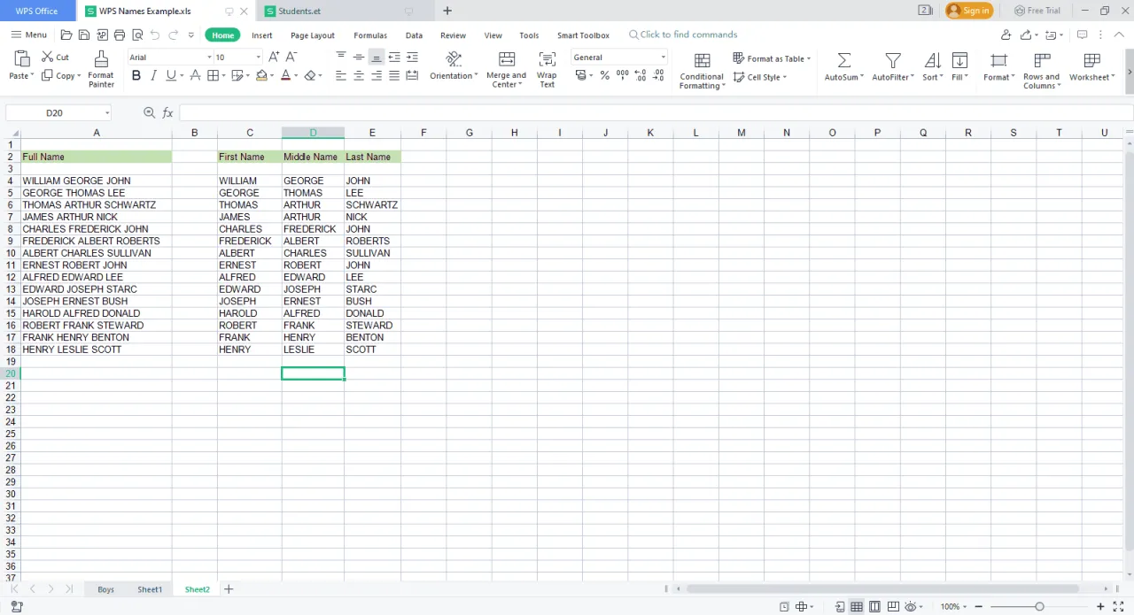 Arkusz kalkulacyjny w LibreOffice Calc z listą imion i nazwisk, podzielony na kolumny: Imię, Drugie imię, Nazwisko.