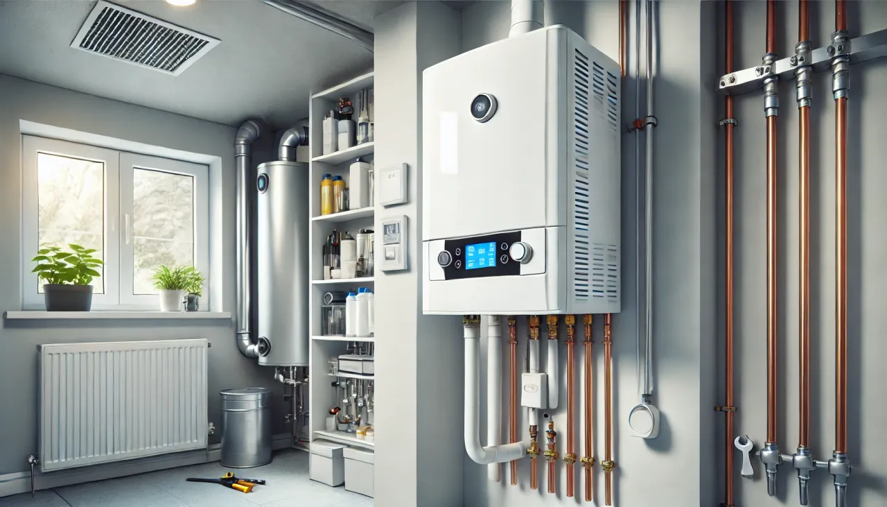 Nowoczesny, biały piecyk gazowy do mieszkania, wiszący obok miedzianych rur i p&oacute;łek z akcesoriami.