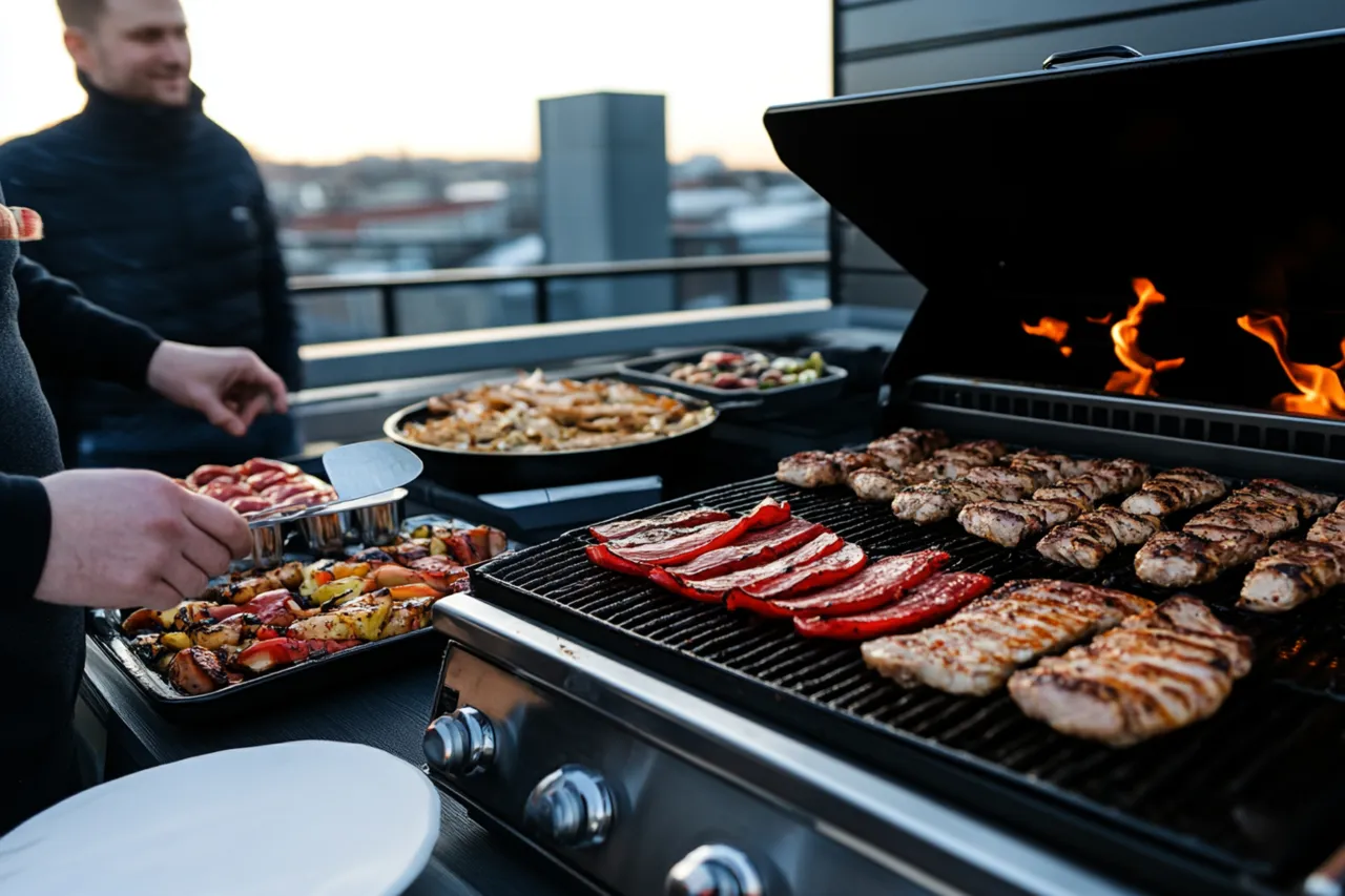 Na balkonie w bloku można palić grilla, jeśli jest to bezpieczne i zgodne z przepisami. Na zdjęciu grill z mięsem i warzywami.