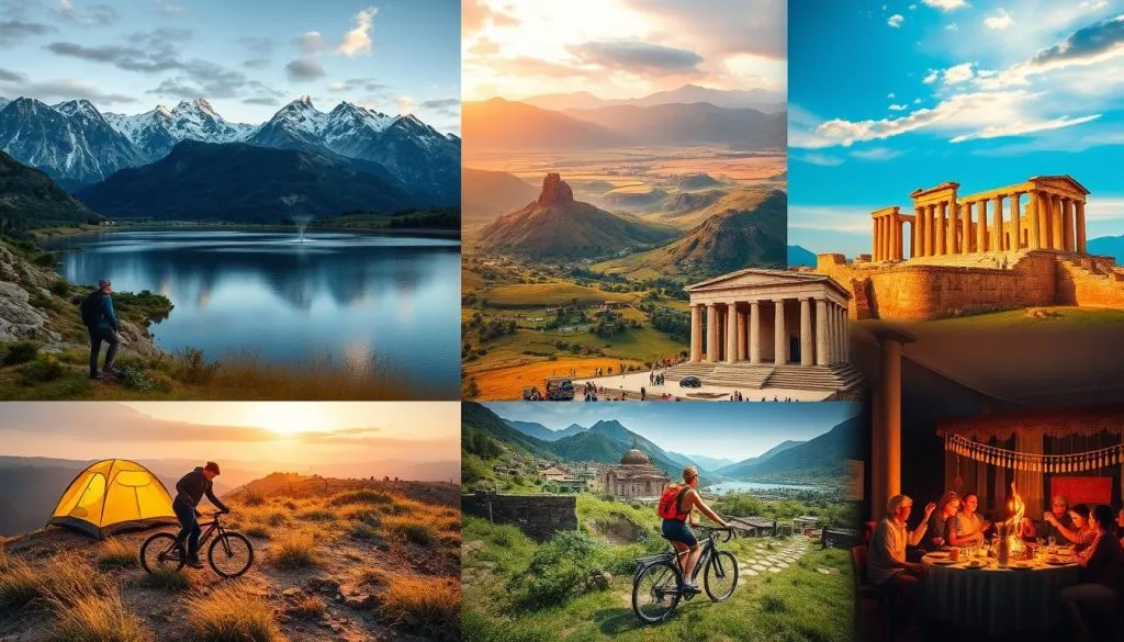kolaż zdjęć przedstawiający różne rodzaje podróży: górska wędrówka, wycieczka po mieście, egzotyczna wyprawa