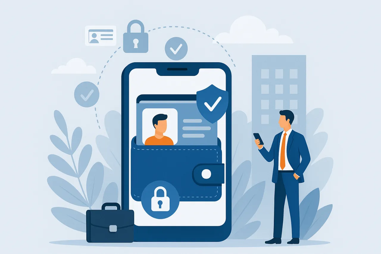 Biznesmen z telefonem w ręku, obok smartfonu z cyfrowym portfelem i dowodem tożsamości. Tak kim jesteśmy przeglądarkami w cyfrowym świecie.