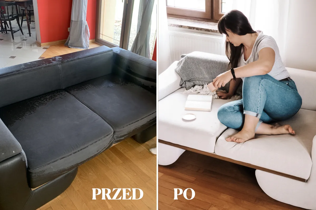 kanapa przed i po renowacji, szybka metamorfozy sofy
