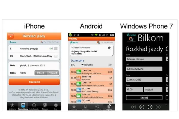 porównanie interfejsów aplikacji kolejowych KOLEO Bilkom