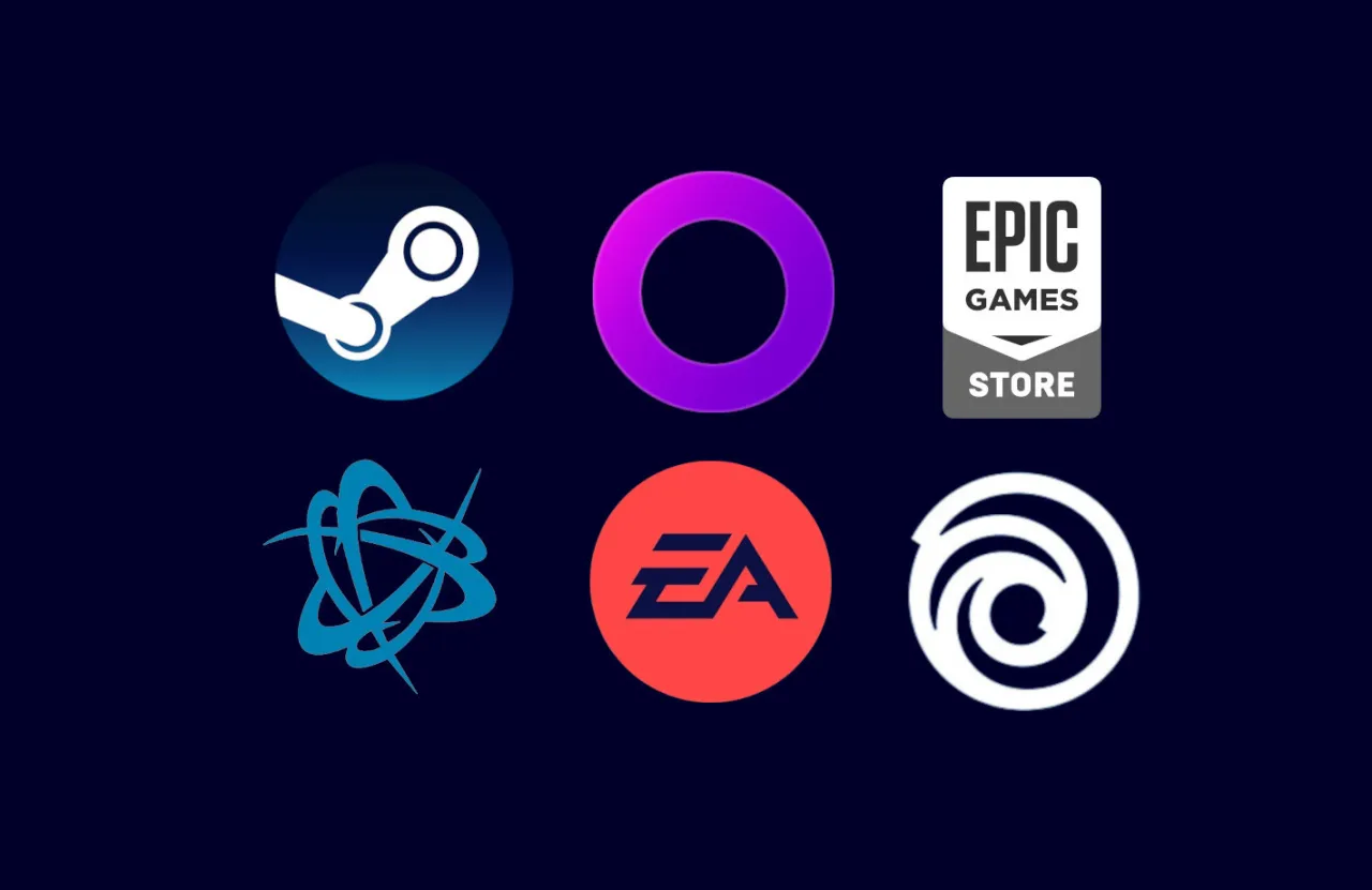 Loga platform cyfrowej dystrybucji gier (Steam, GOG, Epic Games Store, EA App, Ubisoft Connect)