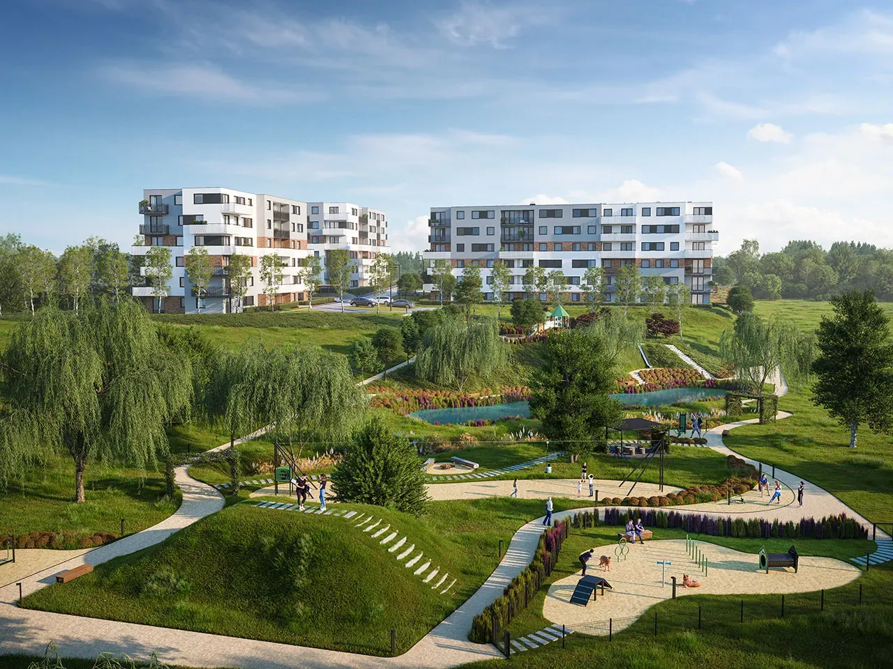 Nowoczesne osiedle z placem zabaw, stawem i terenami zielonymi. To idealne miejsce do życia, gdzie każdy znajdzie coś dla siebie.