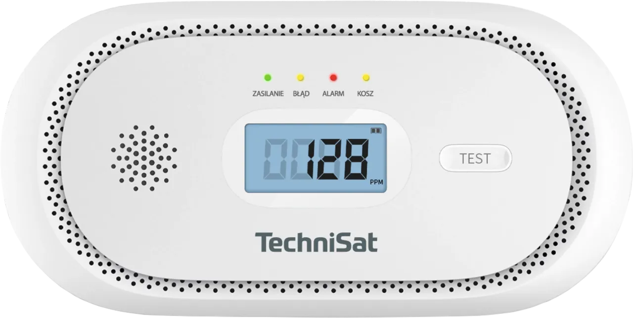Czujnik czadu TechniSat pokazuje 128 ppm. Alarm włącza się przy wyższym stężeniu.