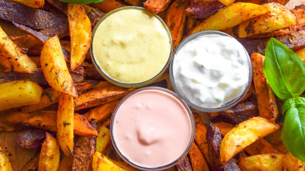 Idealne co do frytek na kolację: pieczone ziemniaki i bataty z trzema sosami: majonezowym, czosnkowym i łososiowym.