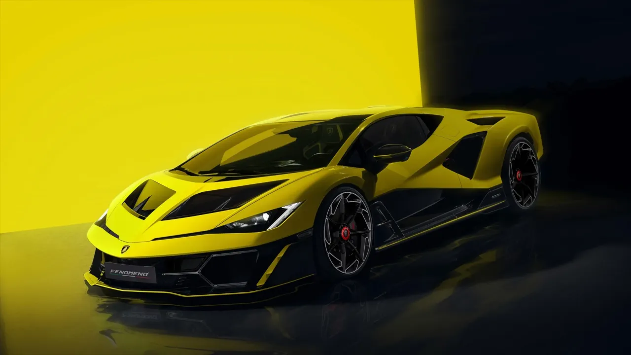 Żółte Lamborghini Fenomeno na tle żółtej ściany. Zastanawiasz się, ile kosztuje Lamborghini?
