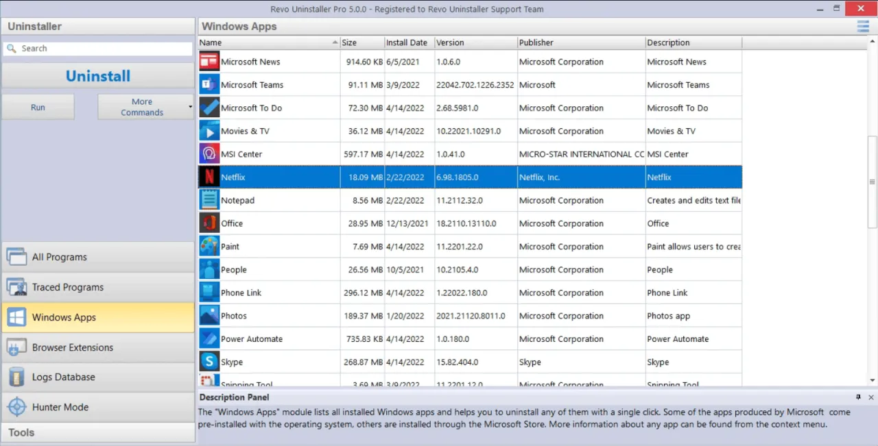 Program Revo Uninstaller pokazuje, jak odinstalować aplikacje na laptopie, w tym Netflix.