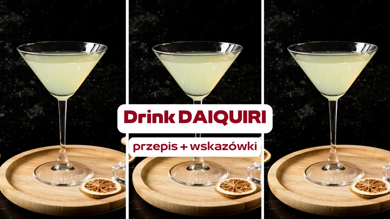 Klasyczne Daiquiri kontra Frozen Daiquiri: trzy kieliszki z jasnym drinkiem, kostki lodu i suszone limonki na drewnianych podstawkach.