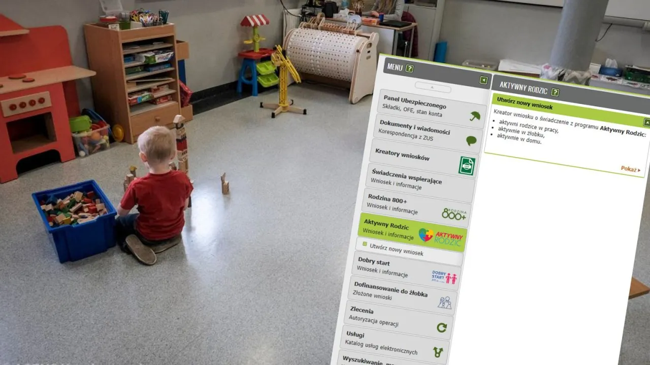 Rodzic wypełniający wniosek online na laptopie, obok śpiące dziecko