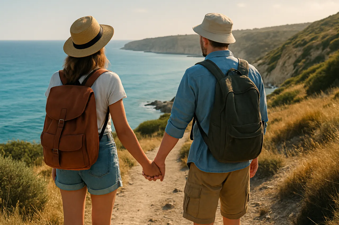 Para spacerująca po szlaku nad morzem, z plecakami, trzymająca się za ręce. Czy Cypr jest bezpieczny dla turyst&oacute;w? Tak, to idealne miejsce na wakacje.