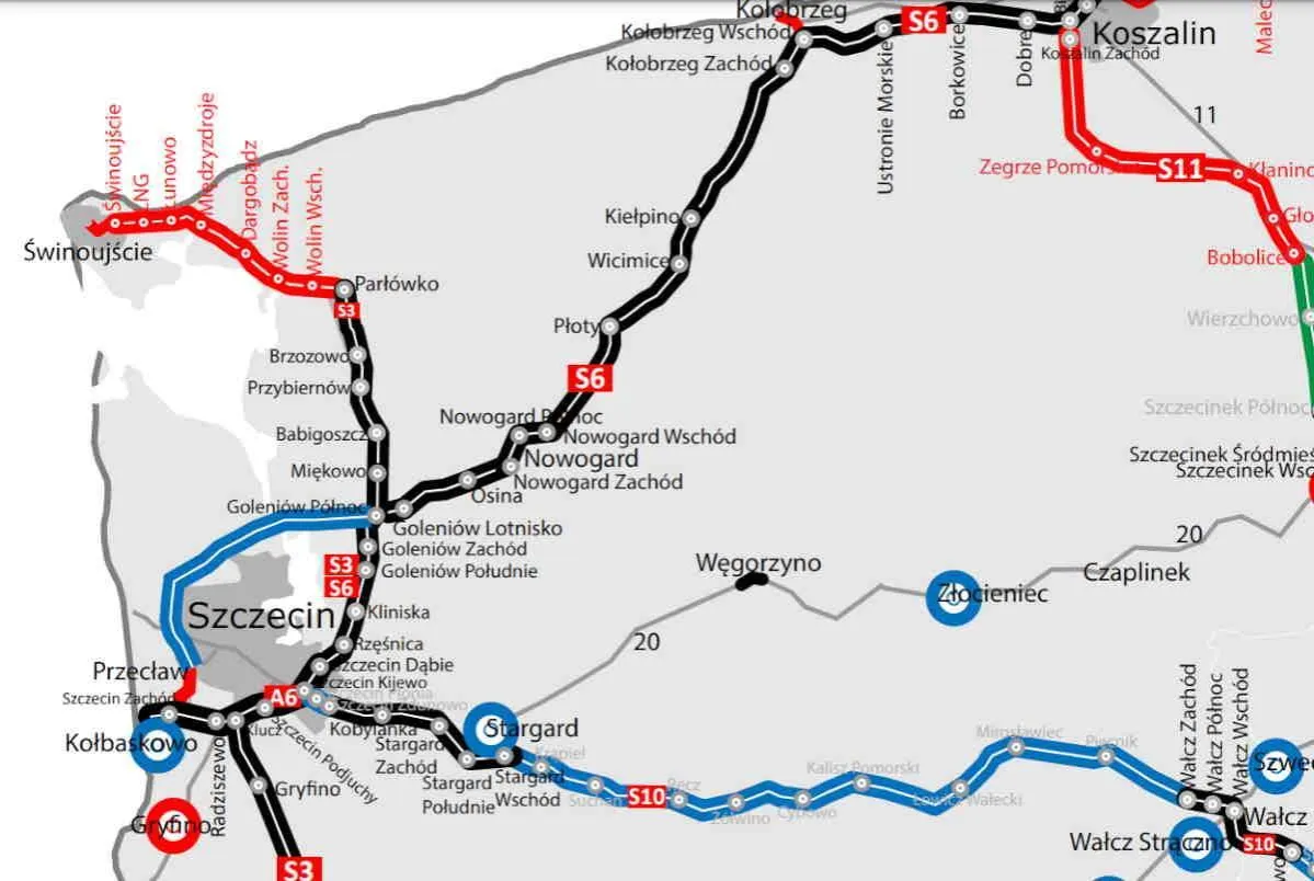 Mapa dróg do Szczecina S3 S6