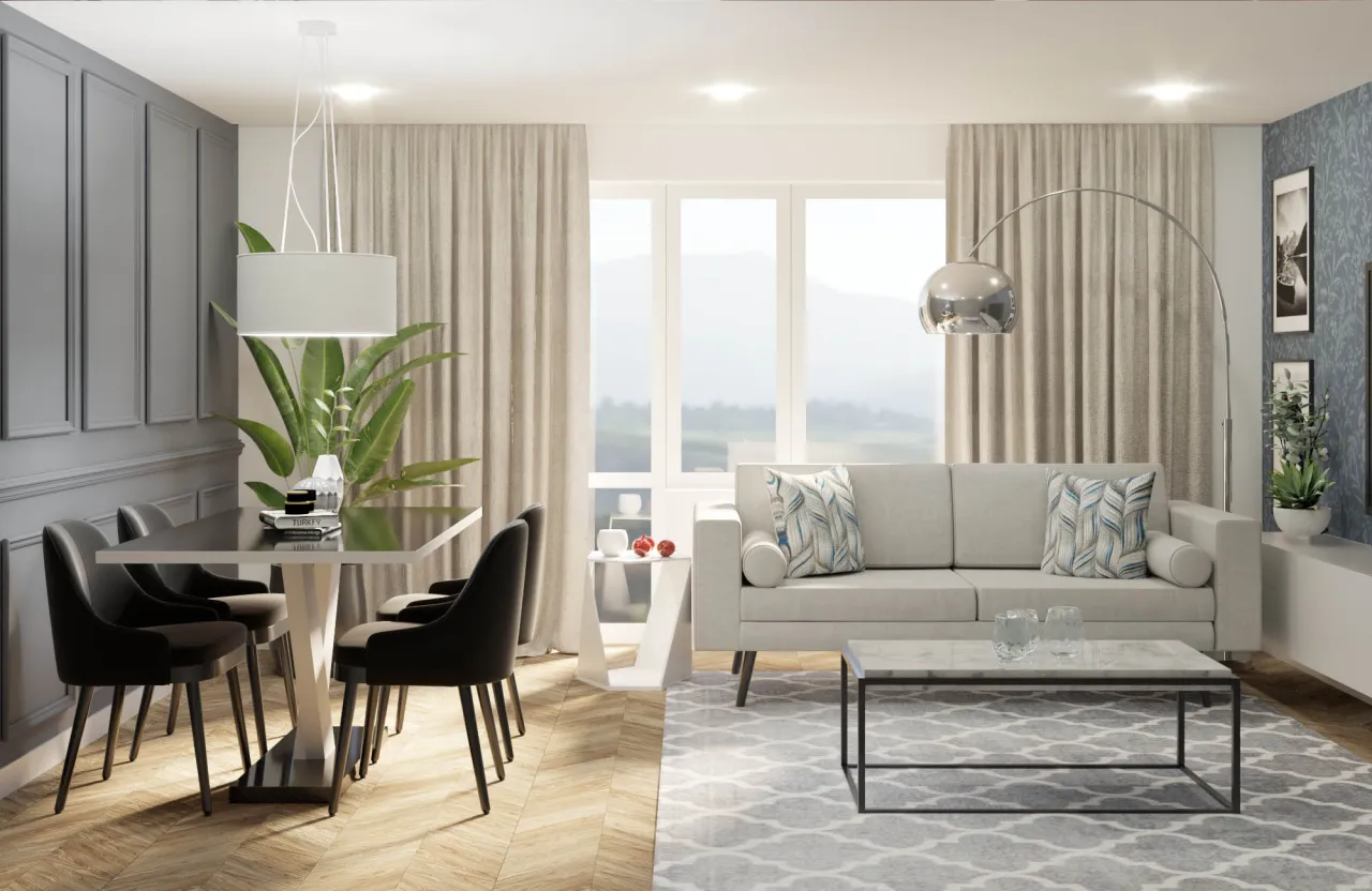 aranżacja salonu z dwoma oknami sofa