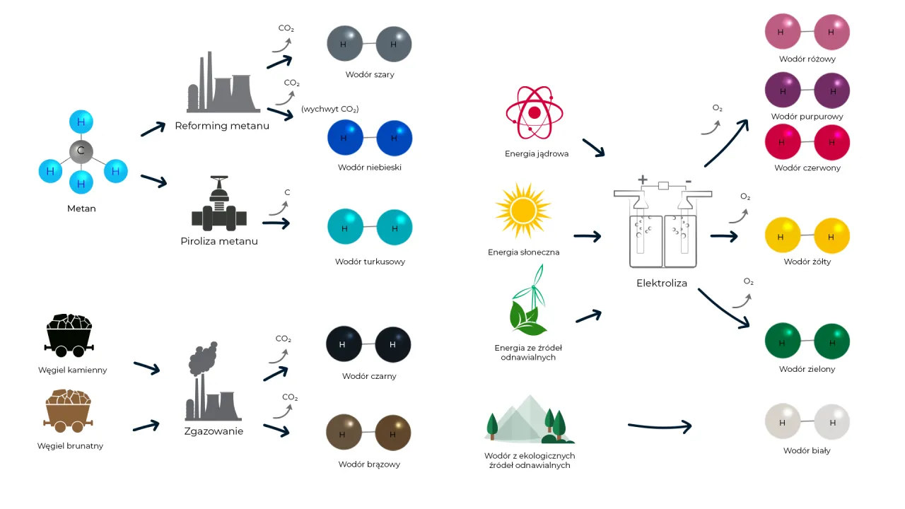 Schemat pokazuje zastosowanie wodoru: od metanu, węgla, energii jądrowej, słonecznej i odnawialnej do r&oacute;żnych kolor&oacute;w wodoru.