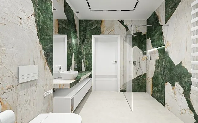 Biała fuga z zielonymi płytkami, r&oacute;żne odcienie zieleni