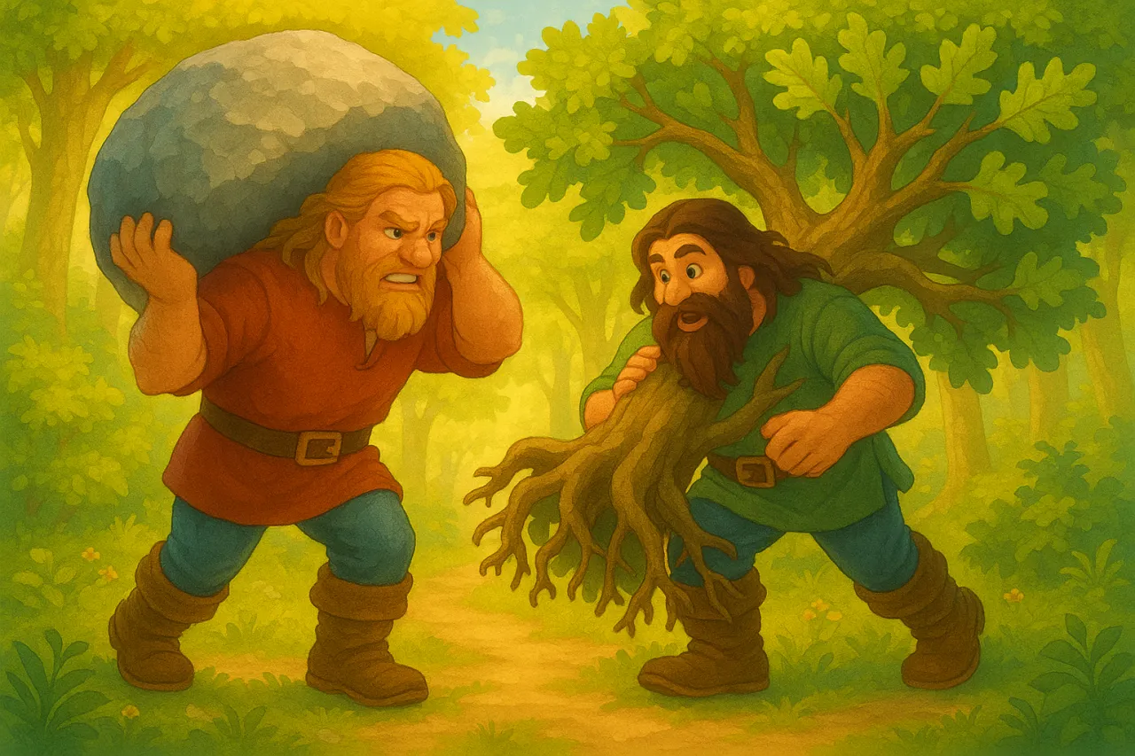 Waligóra z kamieniem na plecach i Wyrwidąb z korzeniami drzewa, jak w baśni.