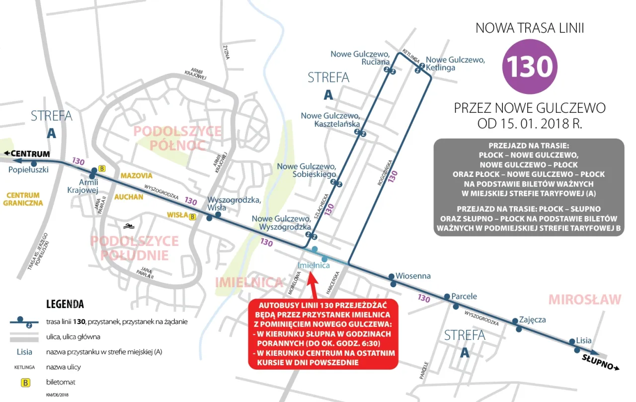 mapa trasy autobus 130 Płock