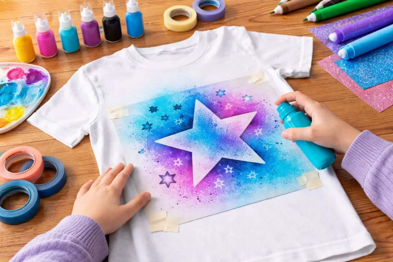 Dziecko tworzy wz&oacute;r gwiazd na koszulce, używając sprayu do malowania na tkaninie.